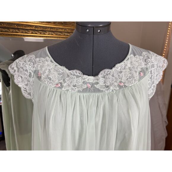 Vintage 1960s Shadowline Peignoir Set Robe Gown Sz Med Mint Green Lace Nylon - Picture 5 of 8